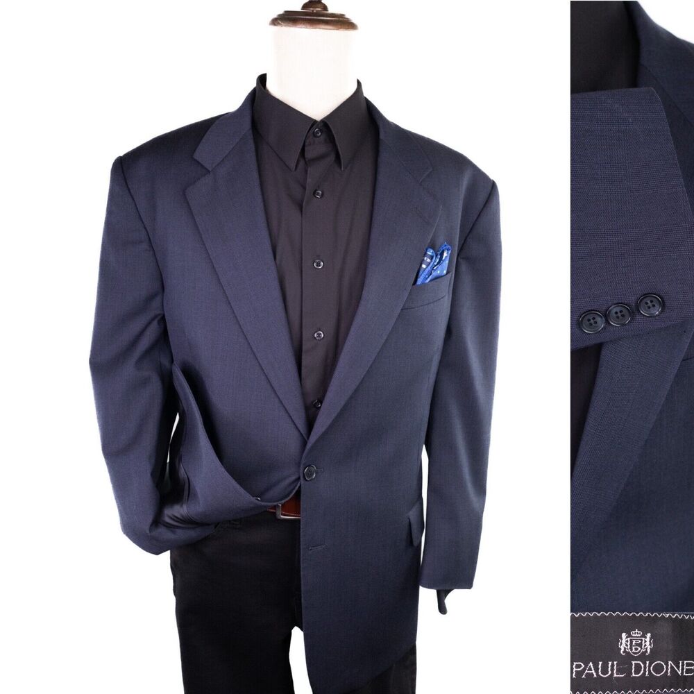 Paul Dione Wool Sport Coat Blazer Jacket 44r Solid Blue two Button Vent-Less